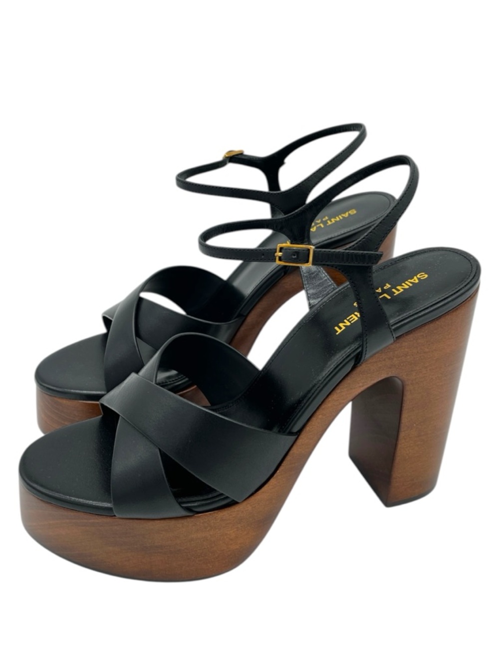 Saint Laurent Bianca Platform Sandals Black Leather Woodgrain heels - US 11 (EU - Picture 3 of 15